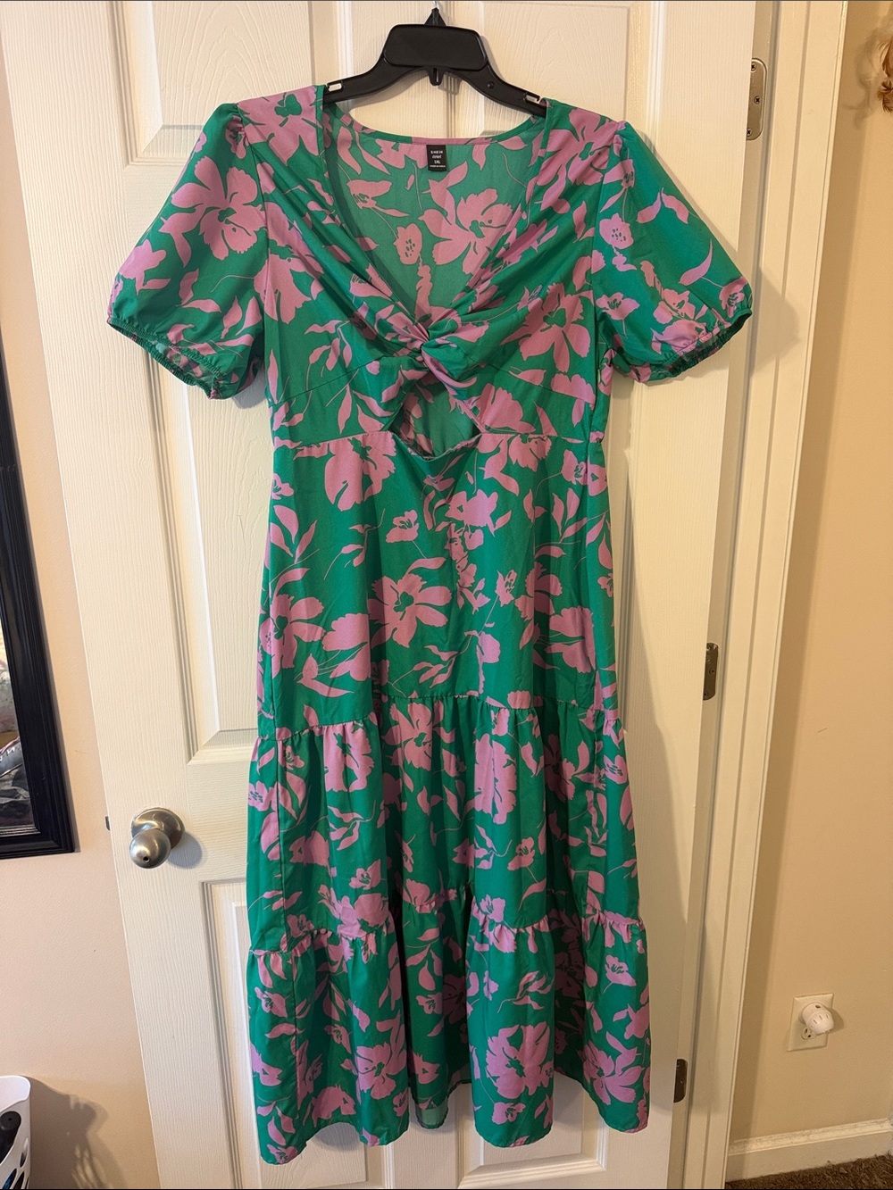 SHEIN Green Midi Dress with Pink Floral Twist Front